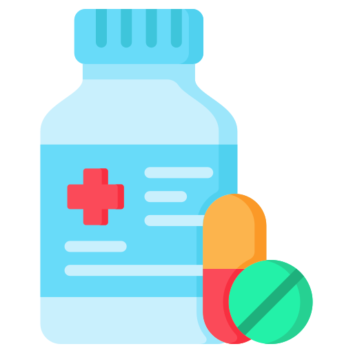 A medicine bottle and pills on a black background.