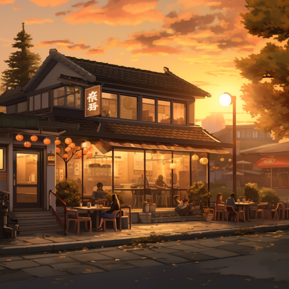 Japanese cafe with people sitting outside at sunset.