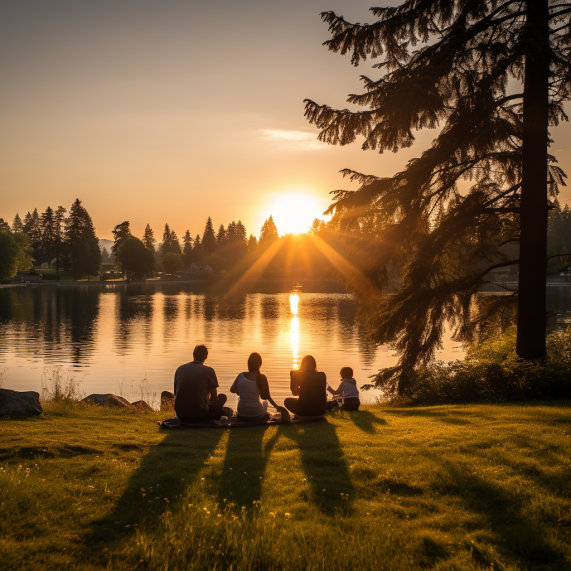 A family sits on the grass near a lake at sunset.