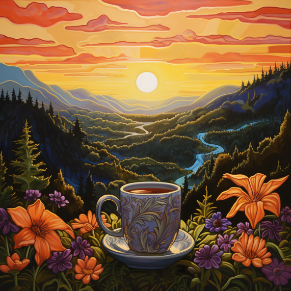 A painting of a cup of tea with flowers in the background.