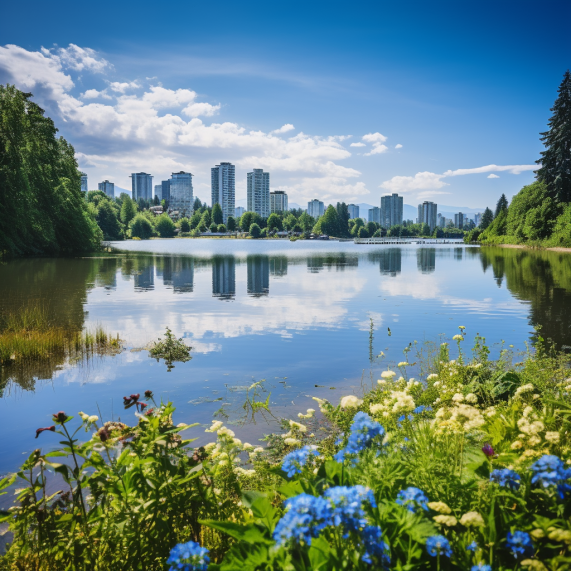A lake surrounded by blue flowers and skyscrapers.