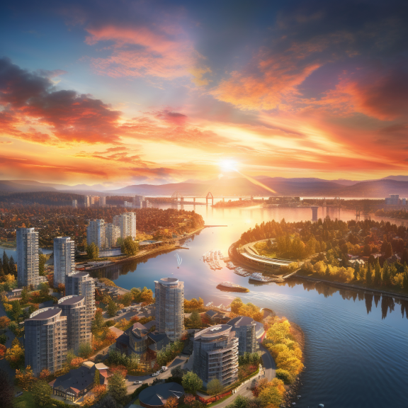 Aerial view of Vancouver at sunset, showcasing its stunning skyline.