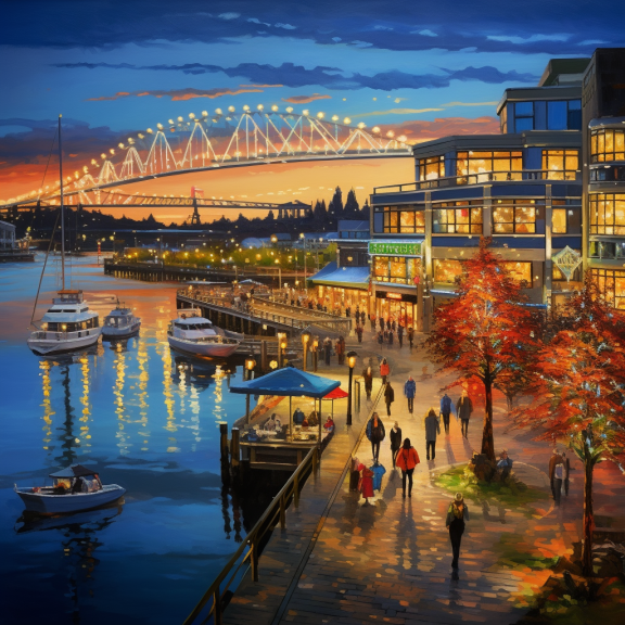 A painting of people walking along a waterfront dock at night in River Market.