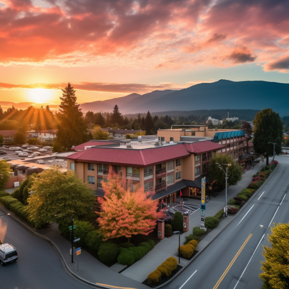 An aerial view of a hotel with mountains in the background.