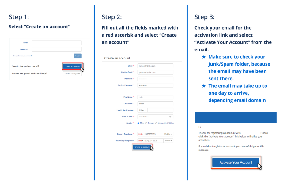 Follow this three-step guide to create an account, complete with forms for personal details and email verification instructions. Each step highlights a blue "Activate Your Account" button, making it as easy as booking an appointment online.