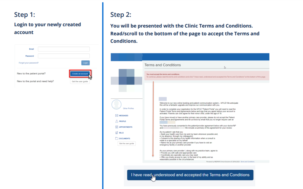 Two-step process: Step 1 presents the login screen for account creation and an option to book an appointment. Step 2 displays the Terms and Conditions page, with a button to accept the terms after scrolling to the bottom.